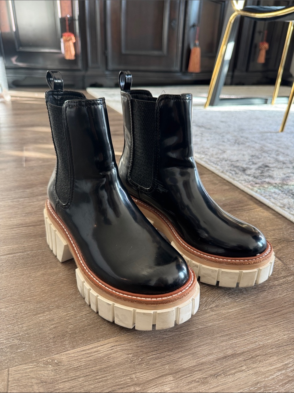 Gianni Bini Black Patent Chelsea Boot with Cream Lug Sole